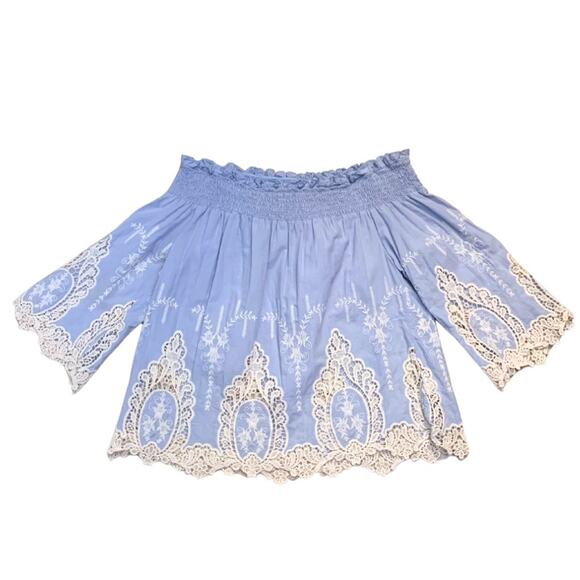 Off The Shoulder Light Blue Cream Floral Lace Top Medium Boho Flowy Peasant - Picture 1 of 9